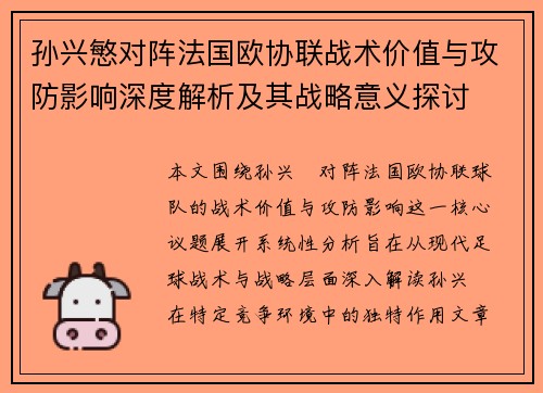 孙兴慜对阵法国欧协联战术价值与攻防影响深度解析及其战略意义探讨
