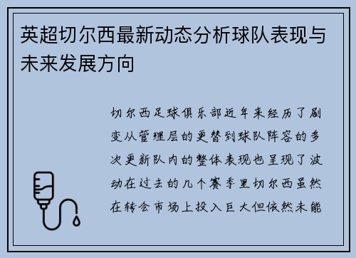 英超切尔西最新动态分析球队表现与未来发展方向